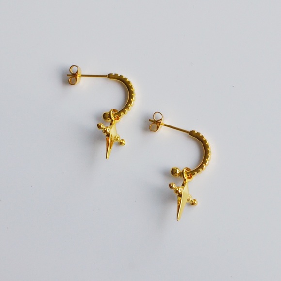 Gold Plated Cross Charm Huggie Hoop Earrings - Picture 3 of 8